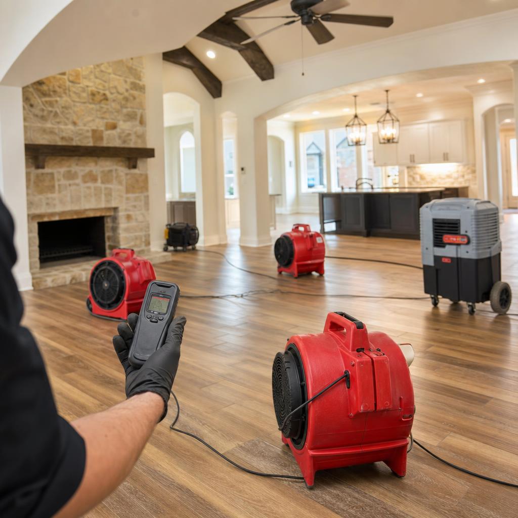 Industrial red air movers and a commercial dehumidifier operating in a large residential space to dry floors and structural elements